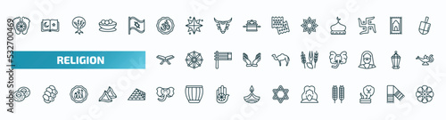 set of 40 special lineal religion icons. outline icons such as feet, hinduism, arabic art, reading quran, four species, jewish bagels, holy elephant, jesus, cobra, flowers line icons.