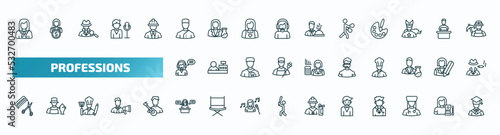set of 40 special lineal professions icons. outline icons such as lawyer, concierge, boxer, telemarketer, bouncer, hairdresser, secretary, actor, physician assistant, graduated line icons.