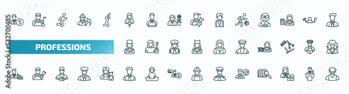set of 40 special lineal professions icons. outline icons such as accountant, journalist, basketball player, stewardess, taxi driver, statistician, office worker, podiatrist, teacher, pensioner line