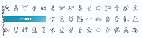 set of 40 special lineal people icons. outline icons such as chinese man, man attacking, chat balloon, man celebrating, identification pass, father and son shopping, complex, pirate head, traffic