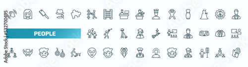 set of 40 special lineal people icons. outline icons such as waving goodbye, plumber working, pulling hair, man child and balloons, teacher and students, businessmen hierarchy, alien smile, hipster