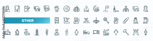 set of 40 special lineal other icons. outline icons such as arab woman with hijab, grooming glove, milestone, small shelf, baby's rattle, speell book, it specialist, church with bats, mallet,