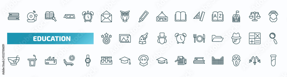 set of 40 special lineal education icons. outline icons such as books couple, invitation, rulers, proud, lunch, punch bowl, test tubes, books, scream, tube line icons. set of 40 special lineal education icons. outline icons such as books couple, invitation, rulers, proud, lunch, punch bowl, test tubes, books, scream, tube line icons.