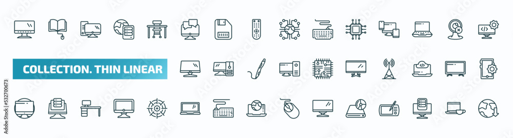 set of 40 special lineal collection. thin linear icons. outline icons such as computer and monitor, online chat, computer micro chip, monitor screen, tv screen, circular de, laptop computer screen, set of 40 special lineal collection. thin linear icons. outline icons such as computer and monitor, online chat, computer micro chip, monitor screen, tv screen, circular de, laptop computer screen,