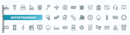 set of 40 special lineal entertainment icons. outline icons such as game, selfie stick, controls, paraplane, token, game over, ace of spades, ace of clubs, bowling pins, ticket booth line icons. photo