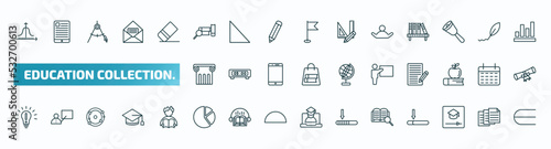 set of 40 special lineal education collection. icons. outline icons such as gaussian function, research with books, open arms, greek pillar, teach, having an idea, pie chart, book and magnifying,