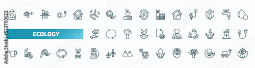 set of 40 special lineal ecology icons. outline icons such as recycled bag, wind energy, green house, plant a tree, eco volunteer, watering can, biofuel, awareness, eco energy, sustainability line