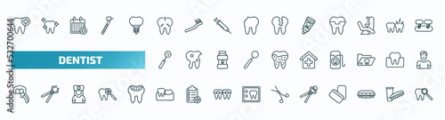 set of 40 special lineal dentist icons. outline icons such as healthy tooth, intraoral, toothpaste tube, mouth mirror, clinic, dental veneer, partial denture, tooth extraction, lingual braces, check