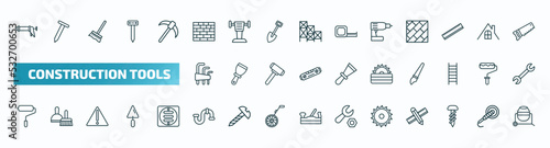set of 40 special lineal construction tools icons. outline icons such as caulk gun, brick wall, cordless drill, allen keys, carpenter cutter, paint roller, plumbing, blade saw, garage screw,