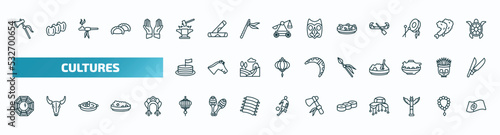 set of 40 special lineal cultures icons. outline icons such as native american axes, blacksmith, fabada, cake with a flag, native american spear, pa kua mirror, paper lantern, mantecados, native