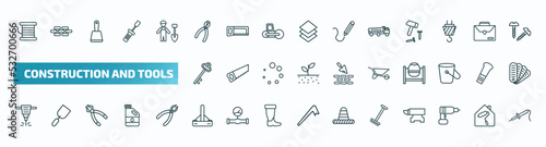 set of 40 special lineal construction and tools icons. outline icons such as copper, clipper, dumper, antique key, wheel barrow, jackhammer, bump cutter, gardening rake, hand drill, iron soldering