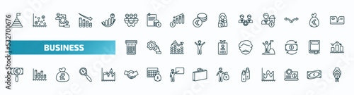 set of 40 special lineal business icons. outline icons such as stats pyramid, work parteners, partners in business, calculator maths tool, man with moustach, euro under magnifier, shaking hands,