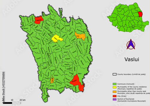 Vector map of the administrative divisions of Vaslui county with communes, city, municipalities, county seats   photo