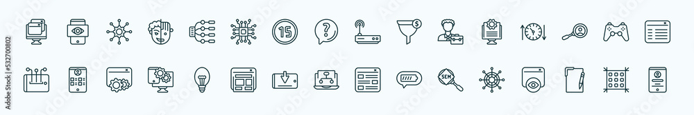 special lineal technology icons set. outline icons such as virtual hine, type hierarchy, routers, ide, video game controller, wireframe, electric light bulb, sitemaps, search engine marketing, text - obrazy, fototapety, plakaty 