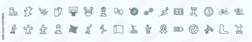 special lineal sports icons set. outline icons such as ski boots, basketball basket, dartboard with dart, football pitch, race bike, yoga posture, fishing net, foil, awards, motocross, ankle line