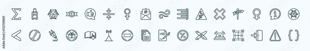 special lineal signs icons set. outline icons such as the sum of, positive, wind, cross, information, prohibition circle, instruction, text documents, atom, exit right arrow, alert line icons. special lineal signs icons set. outline icons such as the sum of, positive, wind, cross, information, prohibition circle, instruction, text documents, atom, exit right arrow, alert line icons.