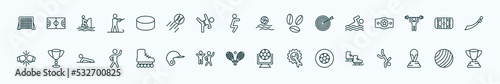 special lineal sports icons set. outline icons such as hockey goal, hockey puck, waterpolo, swimming figure, hockey arena, football cup, roller skate, tennis game, football ball circular, world cup,