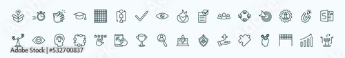 special lineal startup stategy and icons set. outline icons such as new product, chess board, passion, franchise, idea magnet, attractive, rate, hire, care, finish line, increase line icons.