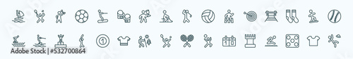 special lineal sports icons set. outline icons such as windsurf, water ski, golf player, dartboard and dart, snowboarding, wakeboarding, pool ball, man playing tennis, scoreboard, game board, short