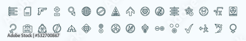 special lineal signs icons set. outline icons such as align left, male gender, up, align center, square root, square hotel, tent, radioactive, mathematical, emergency exit, kitesurf line icons.