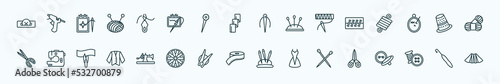 special lineal sew icons set. outline icons such as buttonhole, threading, needles, seam, sewing thimble, tailoring hine, old sewing hine, measuring, pins, sewing tools, crochet hook line icons.