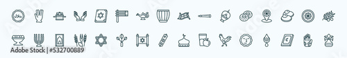 special lineal religion icons set. outline icons such as halal, torah book, magic carpet, jewish bagels, cake, big menorah, jewish, mezuzah, chicken, holy quran, henna painted hand line icons.