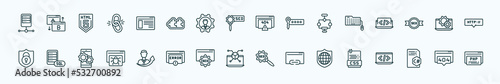 special lineal programming icons set. outline icons such as server, ux de, error 404, keyboard and mouse, software, mysql, seo growth, simulation, secured network, c sharp, 404 error line icons.