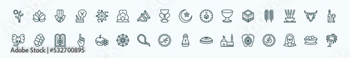 special lineal religion icons set. outline icons such as budding staff, holy star, crescent moon and star, kaaba mecca, sacred cow, challah, and honey, muhammad word, medina, moses, matzo ball soup