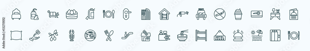 special lineal hotel and restaurant icons set. outline icons such as single bed, fire extinguisher, hostel, no smoking, nightstand, valet, no pictures, barbershop, bunk bed, beach, elevator line special lineal hotel and restaurant icons set. outline icons such as single bed, fire extinguisher, hostel, no smoking, nightstand, valet, no pictures, barbershop, bunk bed, beach, elevator line