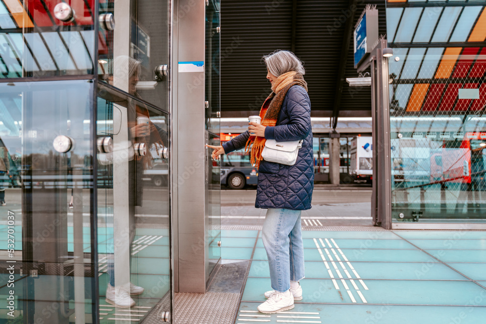 senior woman buys the train tickets with the automatic machine senior woman buys the train tickets with the automatic machine
