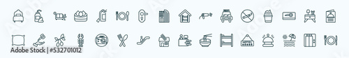 special lineal hotel and restaurant icons set. outline icons such as single bed, fire extinguisher, hostel, no smoking, nightstand, valet, no pictures, barbershop, bunk bed, beach, elevator line