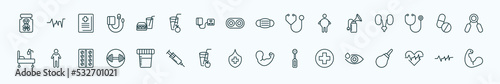 special lineal health and medical icons set. outline icons such as poisonous, fast food, medical mask, breast pump, pills, body, urine, medical shield, cardiology, pulse line icons.