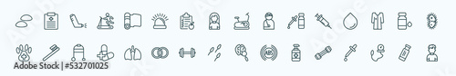 special lineal health and medical icons set. outline icons such as breast implant, yoga mat, stationary bike, syringe, syrup, tooth brush, lung, sperm, desinfectant, tonometer, gum line icons.