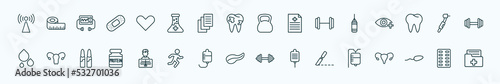 special lineal health and medical icons set. outline icons such as non ionizing radiation, heart, kettlebell, punching bag, dental drill, gynecology, x ray, pancreas, surgery, spermatozoon, medical