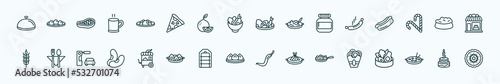 special lineal food and restaurant icons set. outline icons such as salver, yusheng, vegetarian food, sausages, dog food, bistro, fair, wonton, buddhas delight, oyster omelette, five birthday cake
