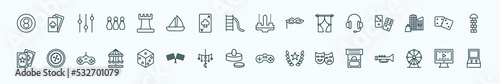 special lineal arcade icons set. outline icons such as eight ball, chess piece, , earphone, board games, roulette, dice, air hockey, theater, ferris wheel, video editing line icons.