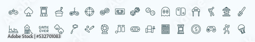 special lineal arcade icons set. outline icons such as game controller, game, dices, switch, carousel horse, playground, selfie stick, bottles ball, bingo, game console, dance line icons.