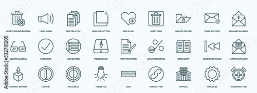 special lineal user interface icons set. outline icons such as delete round button, new tab button, unlock folder, square glasses, power bank, open diary, extract button, tungsten, offices, tings