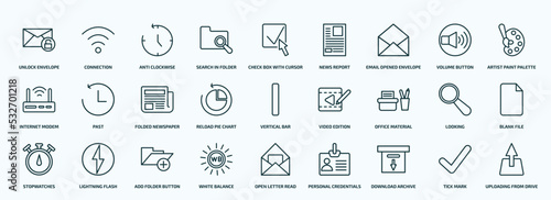 special lineal collection. thin linear icons set. outline icons such as unlock envelope, search in folder, email opened envelope, internet modem, reload pie chart, office material, stopwatches,