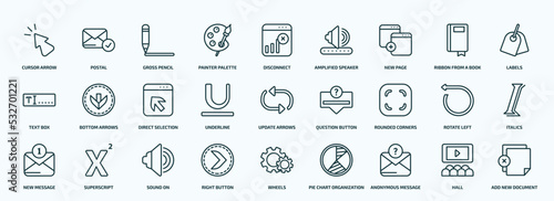 special lineal user interface icons set. outline icons such as cursor arrow, painter palette, new page, text box, underline, rounded corners square, new message, right button, anonymous message,