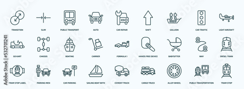 special lineal transport icons set. outline icons such as transition, auto, galleon, go kart, carrier, babysitter, tram stop label, sailing boat with veils, alloy wheel, public transportation line