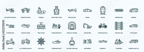 special lineal transportation icons set. outline icons such as helicopter profile, tram front view, metro, hydroplane, paddlewheeler, vintage bicycle, scooter, icebreaker ship, cabriolet, schooner