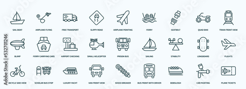 special lineal transport icons set. outline icons such as sail boat, slippy road, seatbelt, blimp, small helicopter, stability, bicycle side view, van front view, bobsleigh, car painting line icons.