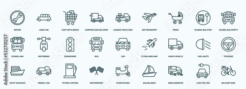 special lineal transport icons set. outline icons such as repair, shipping and delivery, pram, school van, bus, heavy vehicle, yacht navigate, motorsport, road sweeper, electric car line icons.