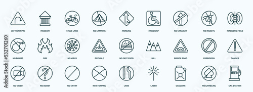 special lineal traffic signs icons set. outline icons such as left hair pin, no camping, no straight, no bombs, pothole, bridge road, video, stopping, gasoline, gambling line icons.
