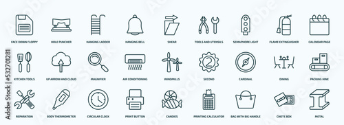 special lineal tools and utensils icons set. outline icons such as face down floppy disk, hanging bell, semaphore light, kitchen tools, air conditioning, cardinal, reparation, print button, bag with