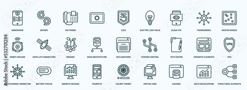 special lineal technology collection. icons set. outline icons such as wireframe, , black eye, robot vacuum, data architecture, text editor, multichannel marketing, touristic, caching, data