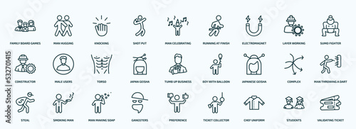 special lineal people icons set. outline icons such as family board games, shot put, electromagnet, constructor, japan geisha, japanese geisha, steal, gangsters, chef uniform, students line icons.
