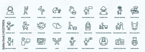 special lineal people icons set. outline icons such as phone assistance, waves danger, chinese man, criminal heist, two hearts, father and son shopping, king in his throne, lance, woman profile,