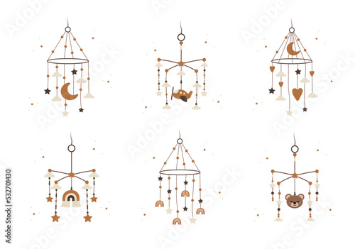 Boho baby mobile collection. Hand drawn scandinavian hanging toys for newborn isolated on white background. Vector illustration in flat cartoon style.